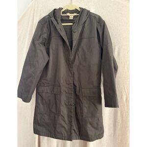 Vintage LL Bean Trench Rain Coat Womens Med Army Green Wool Lining Hood Classic